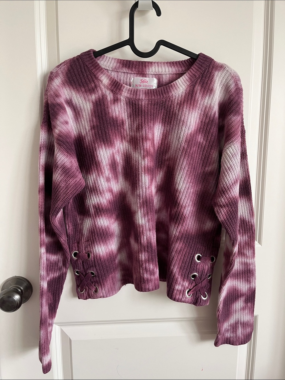 Justice Pink Tie-Dye Waffle Knit Lace-Up Pullover